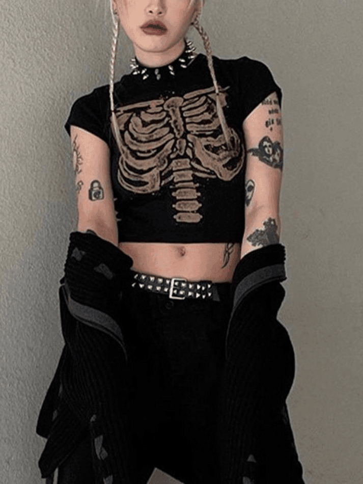 Vintage Skeleton Printed Crop Top - Y2K Fashion Aesthetic for Women - Coquette Style Grunge Outfit