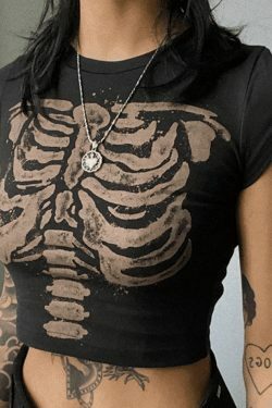 Vintage Skeleton Printed Crop Top - Y2K Fashion Aesthetic for Women - Coquette Style Grunge Outfit