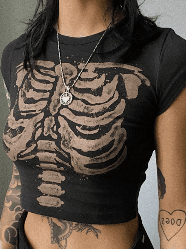 Vintage Skeleton Printed Crop Top - Y2K Fashion Aesthetic for Women - Coquette Style Grunge Outfit