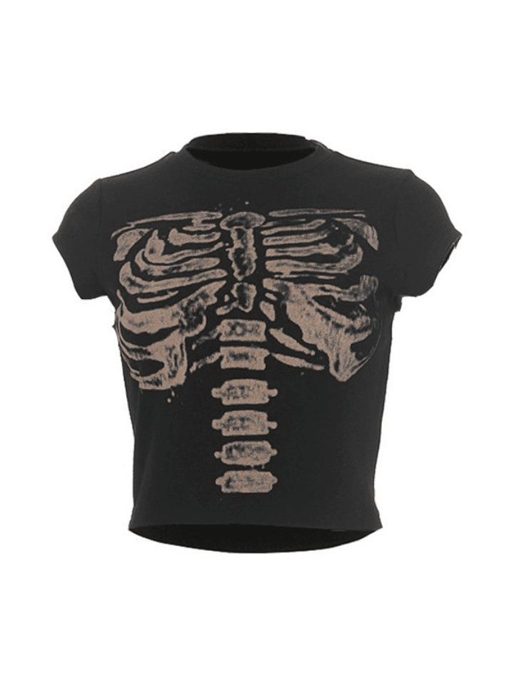 Vintage Skeleton Printed Crop Top - Y2K Fashion Aesthetic for Women - Coquette Style Grunge Outfit