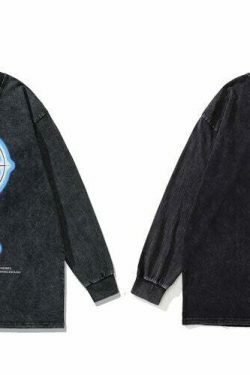 Vintage Skeleton Target Acid Washed Long Sleeve Tee - Y2K Grunge Aesthetic Fashion