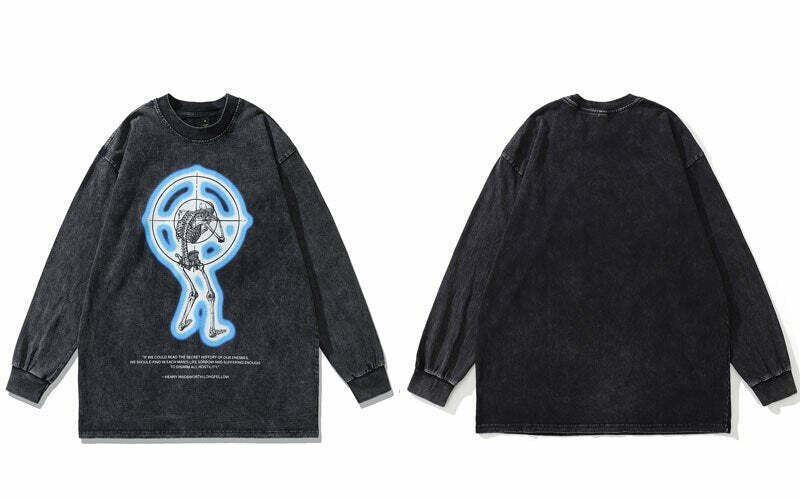 Vintage Skeleton Target Acid Washed Long Sleeve Tee - Y2K Grunge Aesthetic Fashion