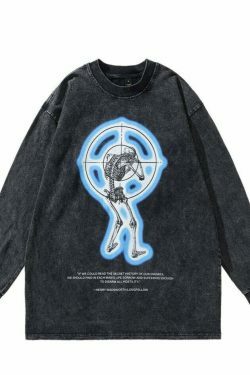 Vintage Skeleton Target Acid Washed Long Sleeve Tee - Y2K Grunge Aesthetic Fashion