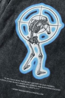 Vintage Skeleton Target Acid Washed Long Sleeve Tee - Y2K Grunge Aesthetic Fashion