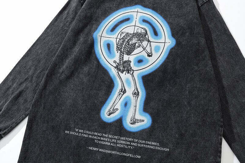 Vintage Skeleton Target Acid Washed Long Sleeve Tee - Y2K Grunge Aesthetic Fashion