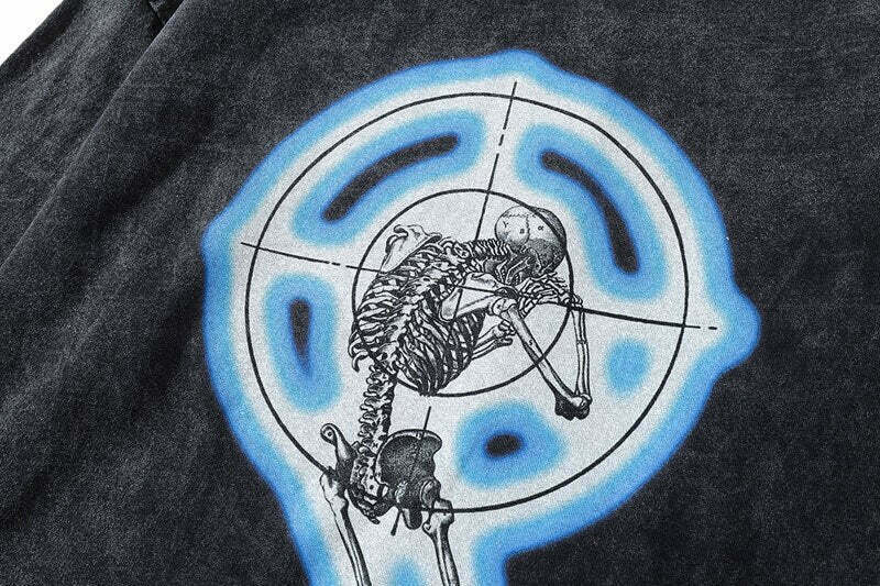 Vintage Skeleton Target Acid Washed Long Sleeve Tee - Y2K Grunge Aesthetic Fashion
