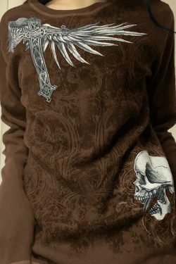 Vintage Skull Print Long Sleeve Knit Sweater - Y2K Aesthetic Goth Grunge Coquette Style Top