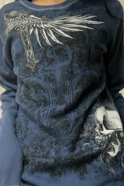 Vintage Skull Print Long Sleeve Knit Sweater - Y2K Aesthetic Goth Grunge Coquette Style Top