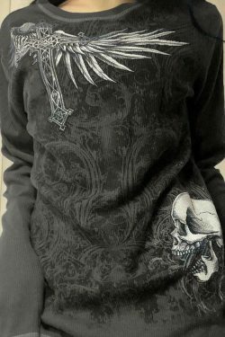 Vintage Skull Print Long Sleeve Knit Sweater - Y2K Aesthetic Goth Grunge Coquette Style Top