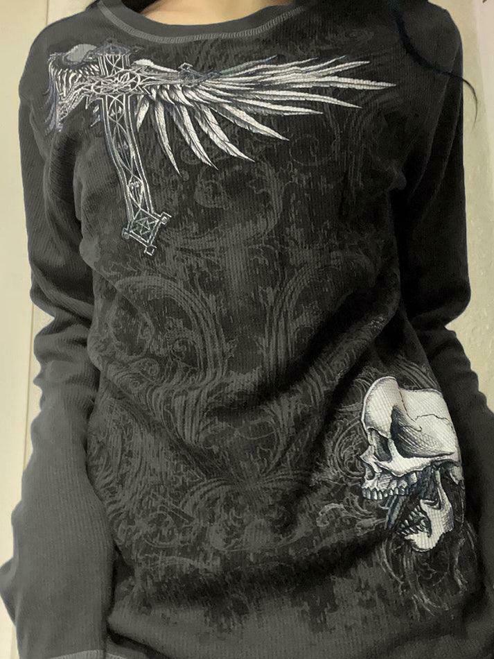 Vintage Skull Print Long Sleeve Knit Sweater - Y2K Aesthetic Goth Grunge Coquette Style Top