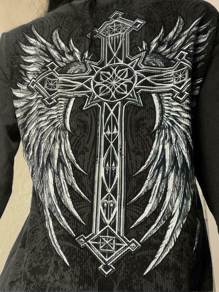 Vintage Skull Print Long Sleeve Knit Sweater - Y2K Aesthetic Goth Grunge Coquette Style Top