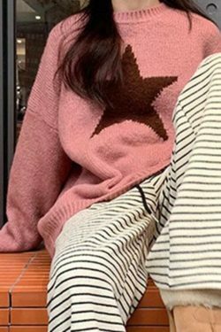 Vintage Star Jacquard Crew Neck Sweater - Y2K Aesthetic - Coquette Style - Gr