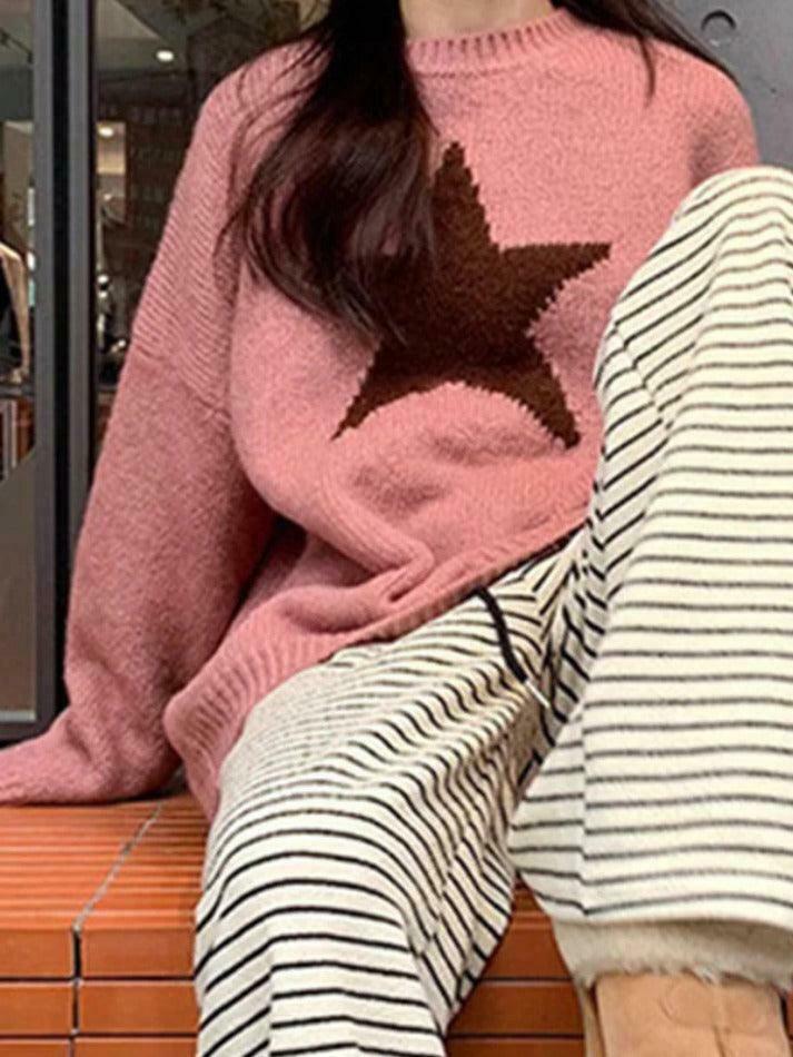 Vintage Star Jacquard Crew Neck Sweater - Y2K Aesthetic - Coquette Style - Gr