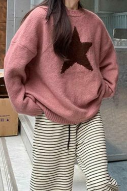Vintage Star Jacquard Crew Neck Sweater - Y2K Aesthetic - Coquette Style - Gr