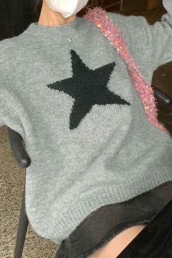 Vintage Star Jacquard Crew Neck Sweater - Y2K Aesthetic - Coquette Style - Gr