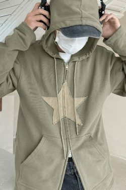 Vintage Star Patch Baggy Zip Up Hoodie