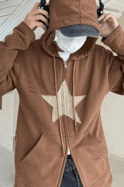 Vintage Star Patch Baggy Zip Up Hoodie