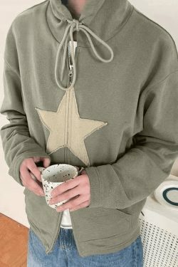 Vintage Star Patch Baggy Zip Up Hoodie