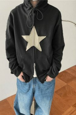 Vintage Star Patch Baggy Zip Up Hoodie