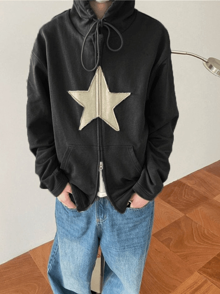 Vintage Star Patch Baggy Zip Up Hoodie Vintage Star Patch Baggy Zip Up Hoodie