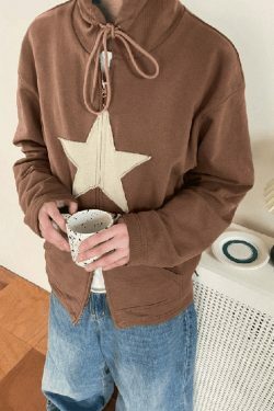 Vintage Star Patch Baggy Zip Up Hoodie