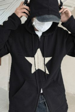 Vintage Star Patch Baggy Zip Up Hoodie