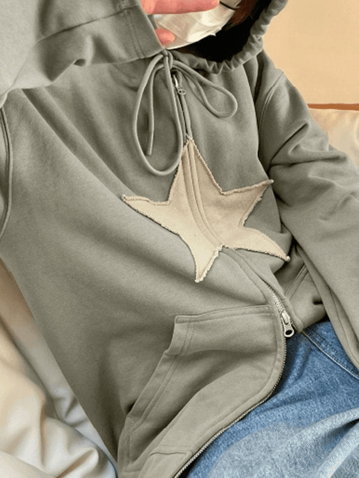 Vintage Star Patch Baggy Zip Up Hoodie Vintage Star Patch Baggy Zip Up Hoodie
