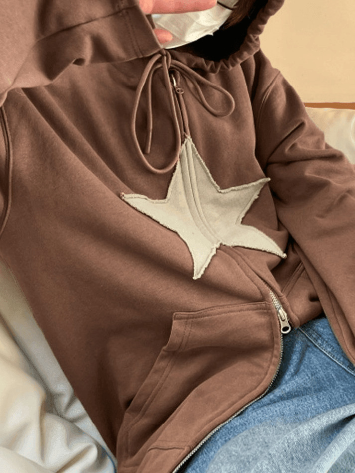 Vintage Star Patch Baggy Zip Up Hoodie Vintage Star Patch Baggy Zip Up Hoodie
