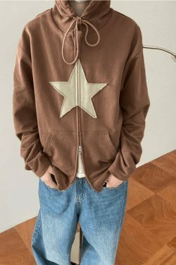 Vintage Star Patch Baggy Zip Up Hoodie