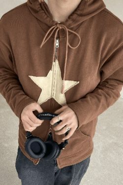 Vintage Star Patch Baggy Zip Up Hoodie