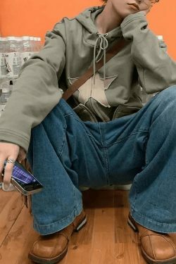 Vintage Star Patch Baggy Zip Up Hoodie