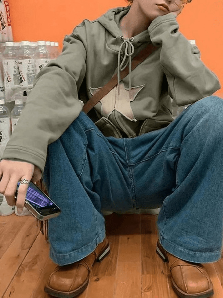 Vintage Star Patch Baggy Zip Up Hoodie Vintage Star Patch Baggy Zip Up Hoodie