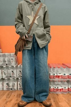 Vintage Star Patch Baggy Zip Up Hoodie