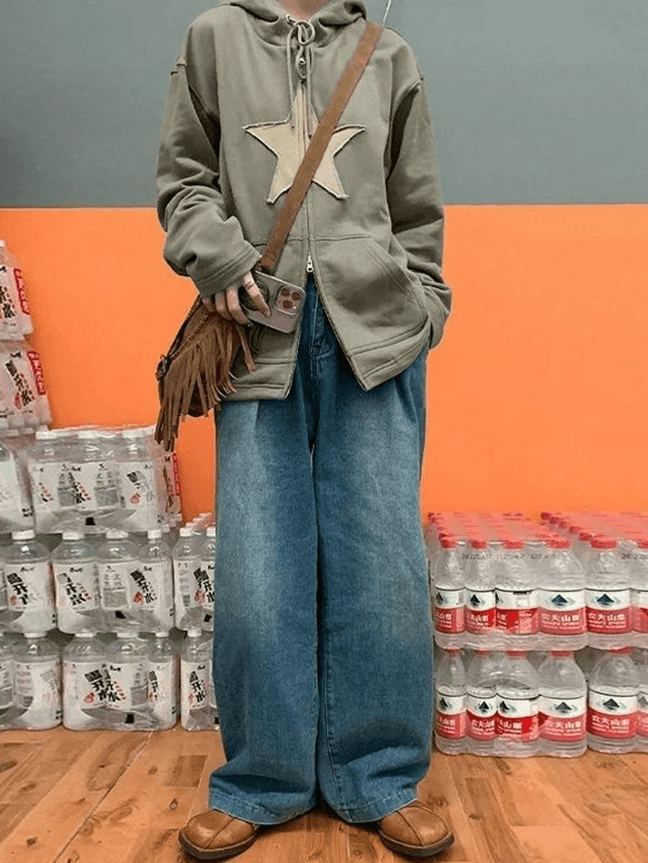 Vintage Star Patch Baggy Zip Up Hoodie Vintage Star Patch Baggy Zip Up Hoodie