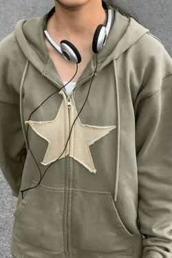 Vintage Star Patch Baggy Zip Up Hoodie