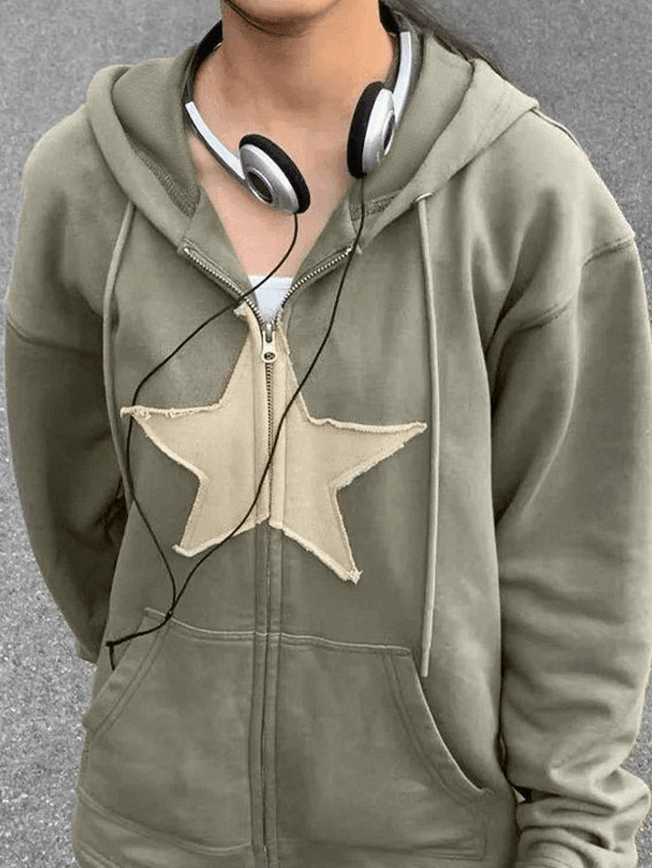 Vintage Star Patch Baggy Zip Up Hoodie Vintage Star Patch Baggy Zip Up Hoodie