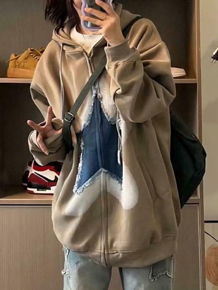 Vintage Star Patchwork Oversized Hoodie for Y2K Fashion Enthusiasts Vintage Star Patchwork Oversized Hoodie for Y2K Fashion Enthusiasts