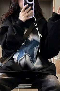 Vintage Star Patchwork Oversized Hoodie for Y2K Fashion Enthusiasts