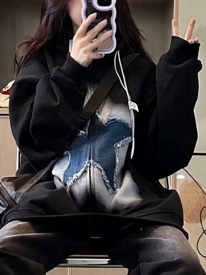 Vintage Star Patchwork Oversized Hoodie for Y2K Fashion Enthusiasts Vintage Star Patchwork Oversized Hoodie for Y2K Fashion Enthusiasts