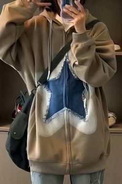Vintage Star Patchwork Oversized Hoodie for Y2K Fashion Enthusiasts