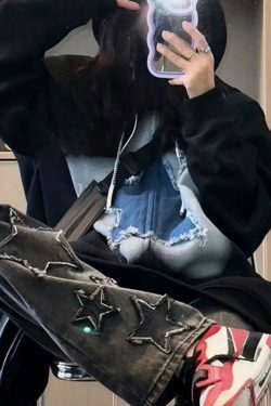 Vintage Star Patchwork Oversized Hoodie for Y2K Fashion Enthusiasts
