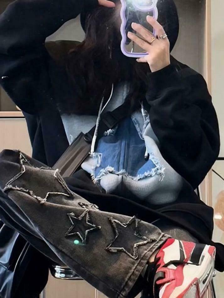 Vintage Star Patchwork Oversized Hoodie for Y2K Fashion Enthusiasts Vintage Star Patchwork Oversized Hoodie for Y2K Fashion Enthusiasts