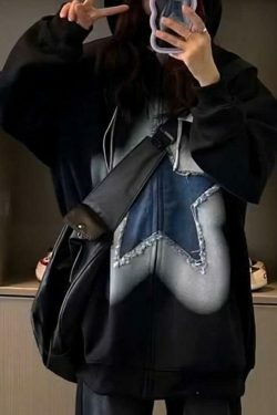Vintage Star Patchwork Oversized Hoodie for Y2K Fashion Enthusiasts