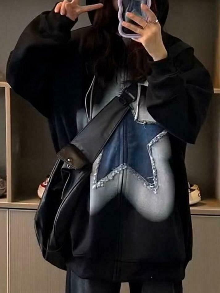 Vintage Star Patchwork Oversized Hoodie for Y2K Fashion Enthusiasts Vintage Star Patchwork Oversized Hoodie for Y2K Fashion Enthusiasts