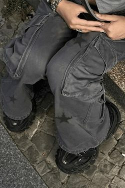 Vintage Star Print Cargo Jeans - Y2K Aesthetic Boyfriend Fit for Women