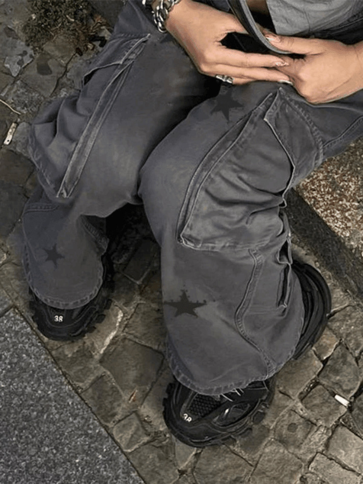 Vintage Star Print Cargo Jeans - Y2K Aesthetic Boyfriend Fit for Women