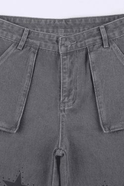 Vintage Star Print Cargo Jeans - Y2K Aesthetic Boyfriend Fit for Women
