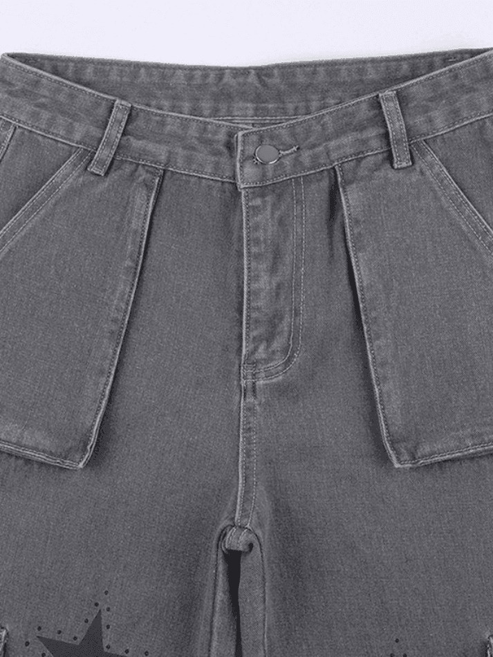 Vintage Star Print Cargo Jeans - Y2K Aesthetic Boyfriend Fit for Women