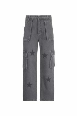 Vintage Star Print Cargo Jeans - Y2K Aesthetic Boyfriend Fit for Women