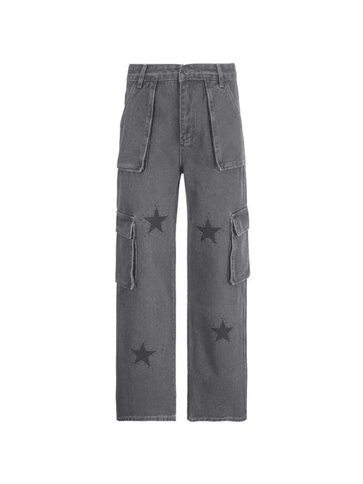 Vintage Star Print Cargo Jeans - Y2K Aesthetic Boyfriend Fit for Women